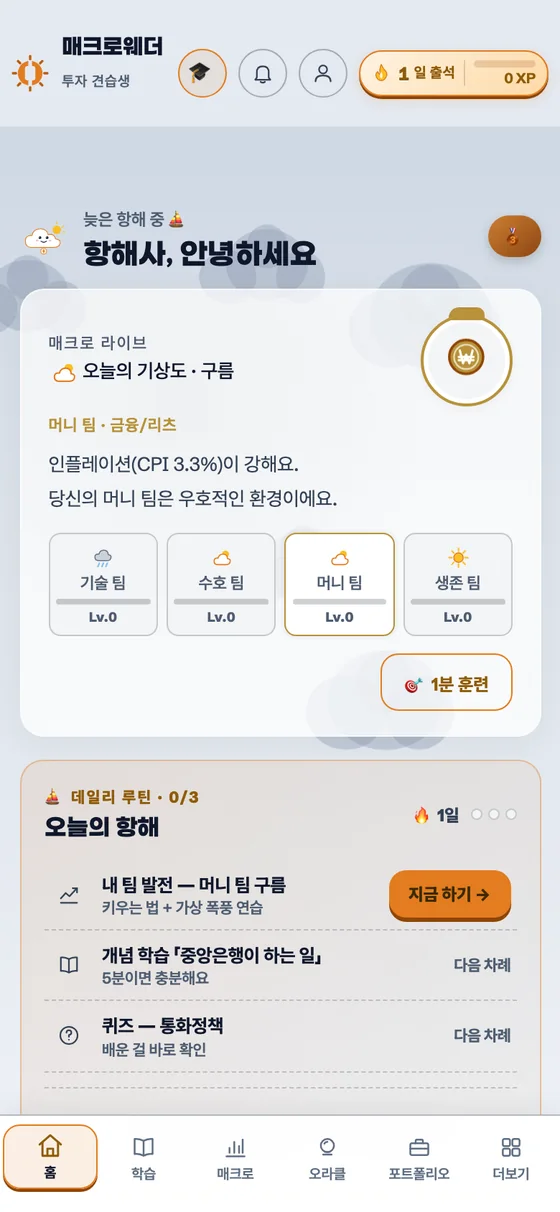 머니 팀 홈 화면 — 오늘의 기상도 구름